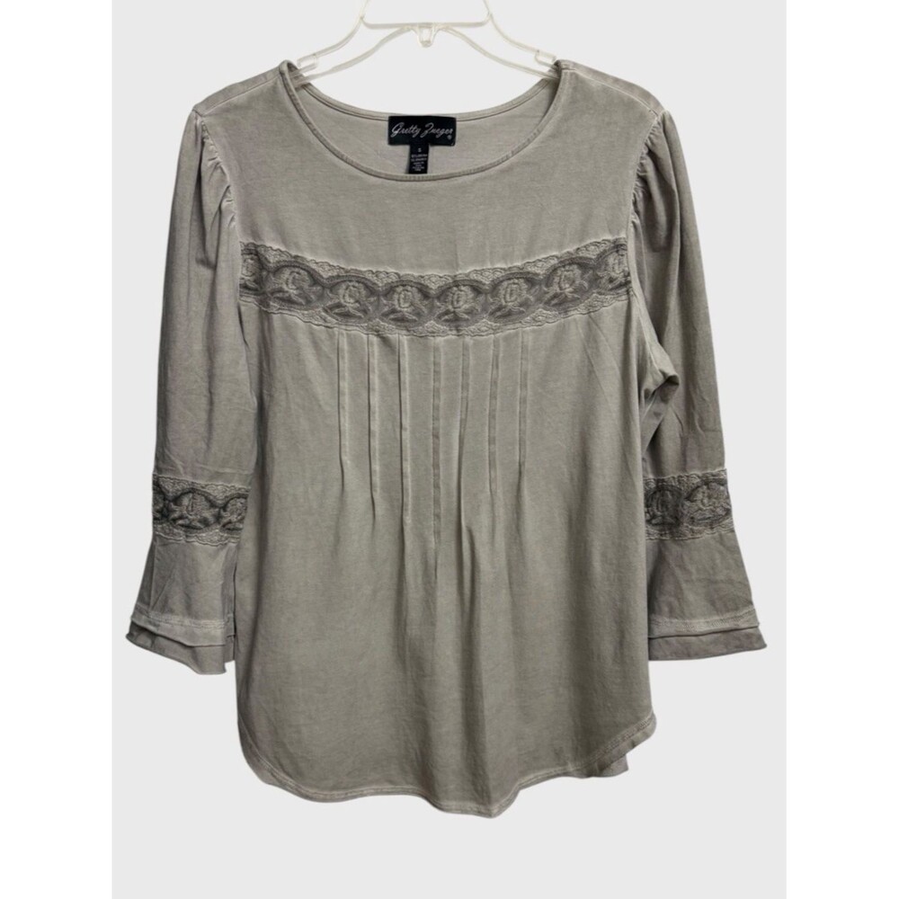 Gretty Zueger Women's Grey Lace Pintuck Top Sz M Boho Comfy Casual Made in Peru